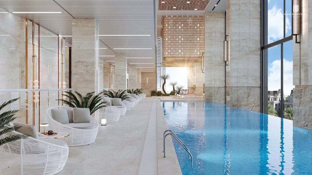 Bể bơi bốn mùa dài 28.7m, rộng 5m - Hệ thống cửa kính trượt tự động