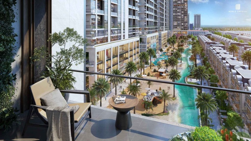 Toàn cảnh tiện ích mặt đất, bao gồm bể bơi trung tâm, khu thể thao, cảnh quan tại Noble Westlake